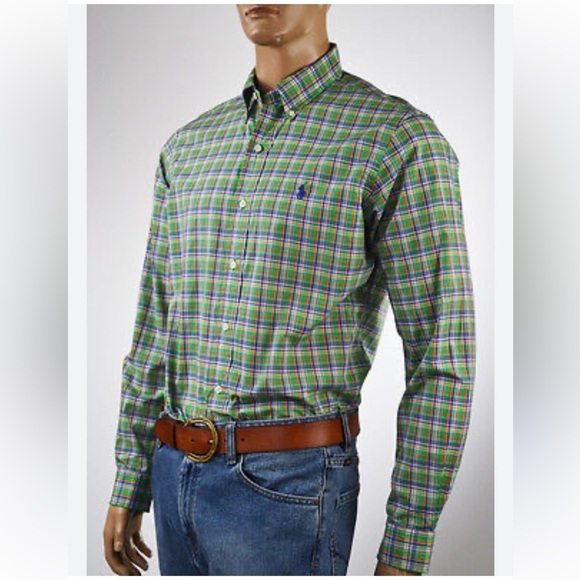 Ralph Lauren Custom Fit Plaid Shirt XL – Green & Navy with Orange - Picture 2 of 6